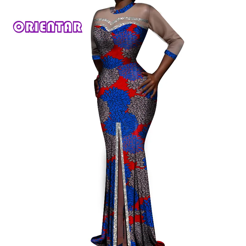

African Print Long Maxi Dress Women Dashiki Ankara Split Dress Wedding Party Fashion Shinny Evening Gowns Private Custom WY478