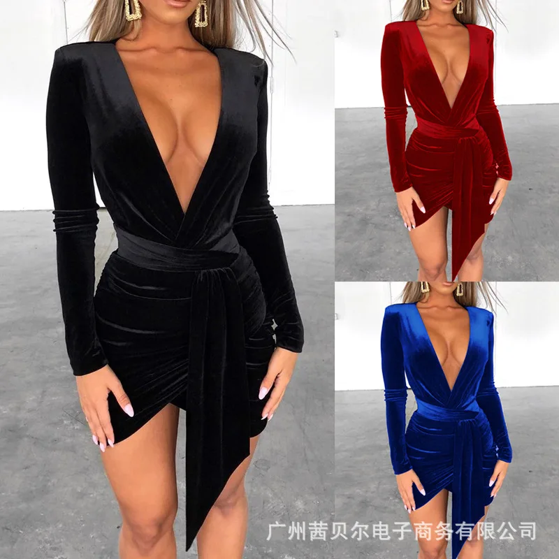 

New style velvet waist skirt ladies long-sleeved dress