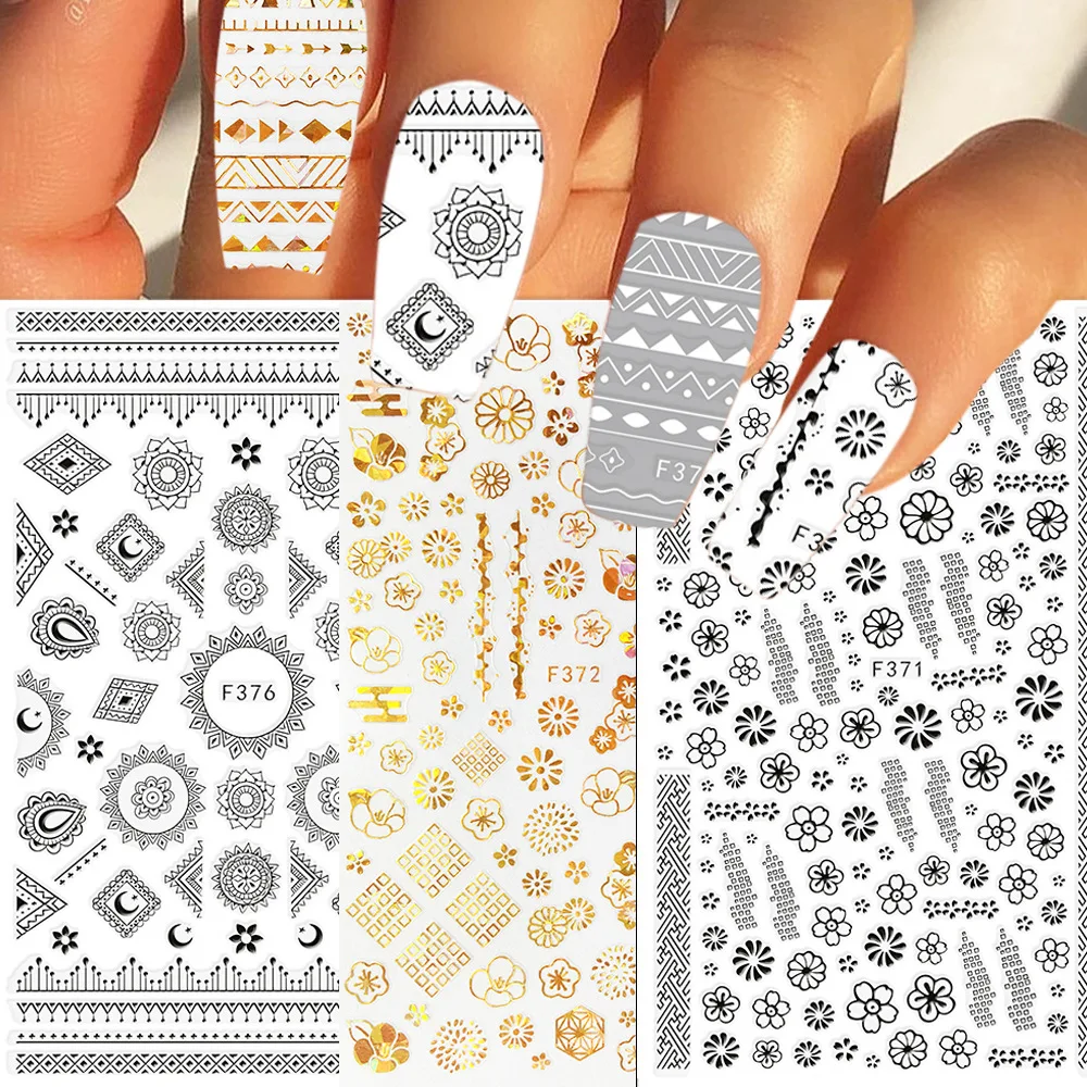 

Nail Stickers F Series 3D Black and White Gold and Silver Floral Totem Geometric Line Decal Adhesive Simulation Sticker Nails