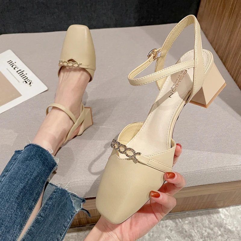 

Beige Heeled Sandals Comfort Shoes for Women All-Match Square Toe 2021 Summer Mary Jane Buckle Strap Med Espadrilles Platform Bl