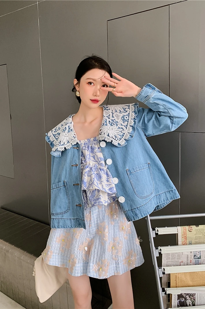

ZCSMLL Turn-down Collar Denim Women Jacket Coat Long Sleeve Korean Fashion 2021 Summer Spring New Coat Trend