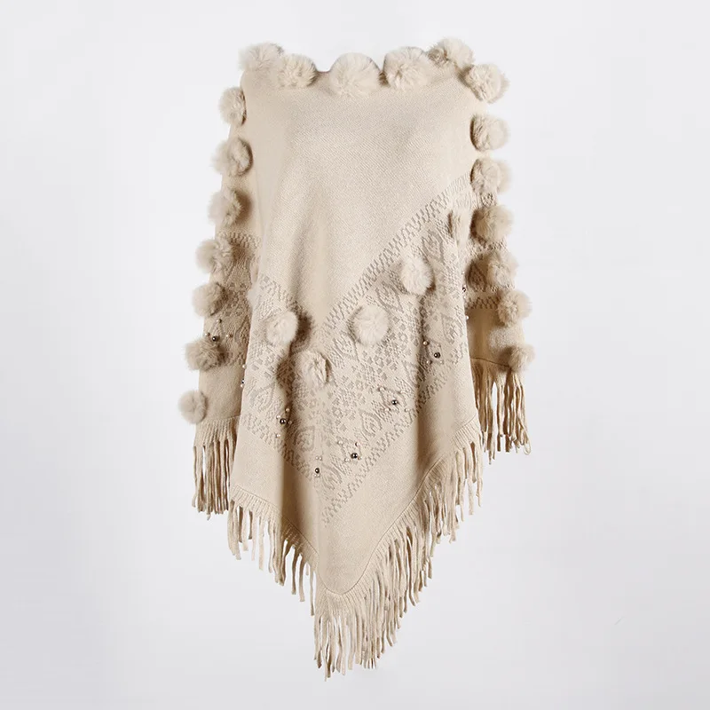 

Cloak shawl O neck Pullover knitted sweaters women 2019 Casual streetwear Shawl fringed cloak hair ball beaded sweater women
