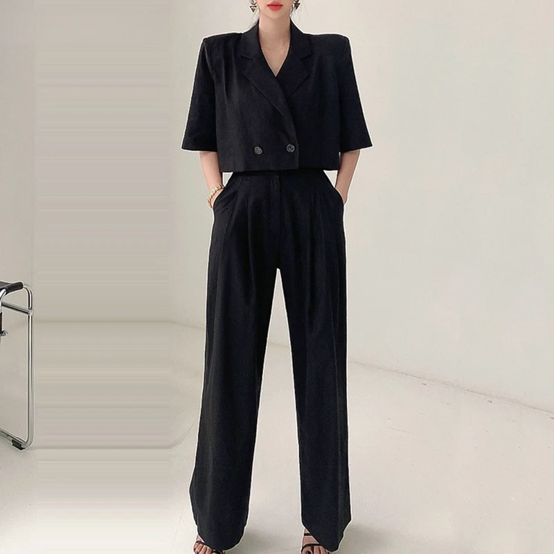 

Bornladies Women 2 Pieces Blazer Set Short Sleeve Jackets & High Waist Wide Leg Suit Pants Elegant Female Solid Pant Suits
