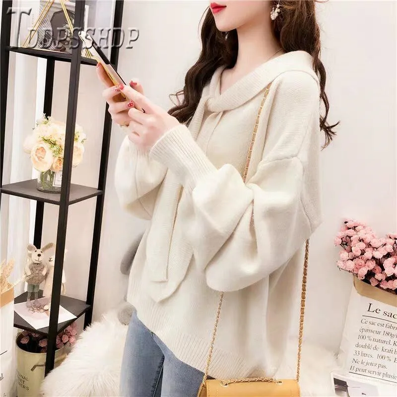 

2019 Korean Loose Knitting Women Sweater Scarf Collar Fairy Pullover Female Sweaters