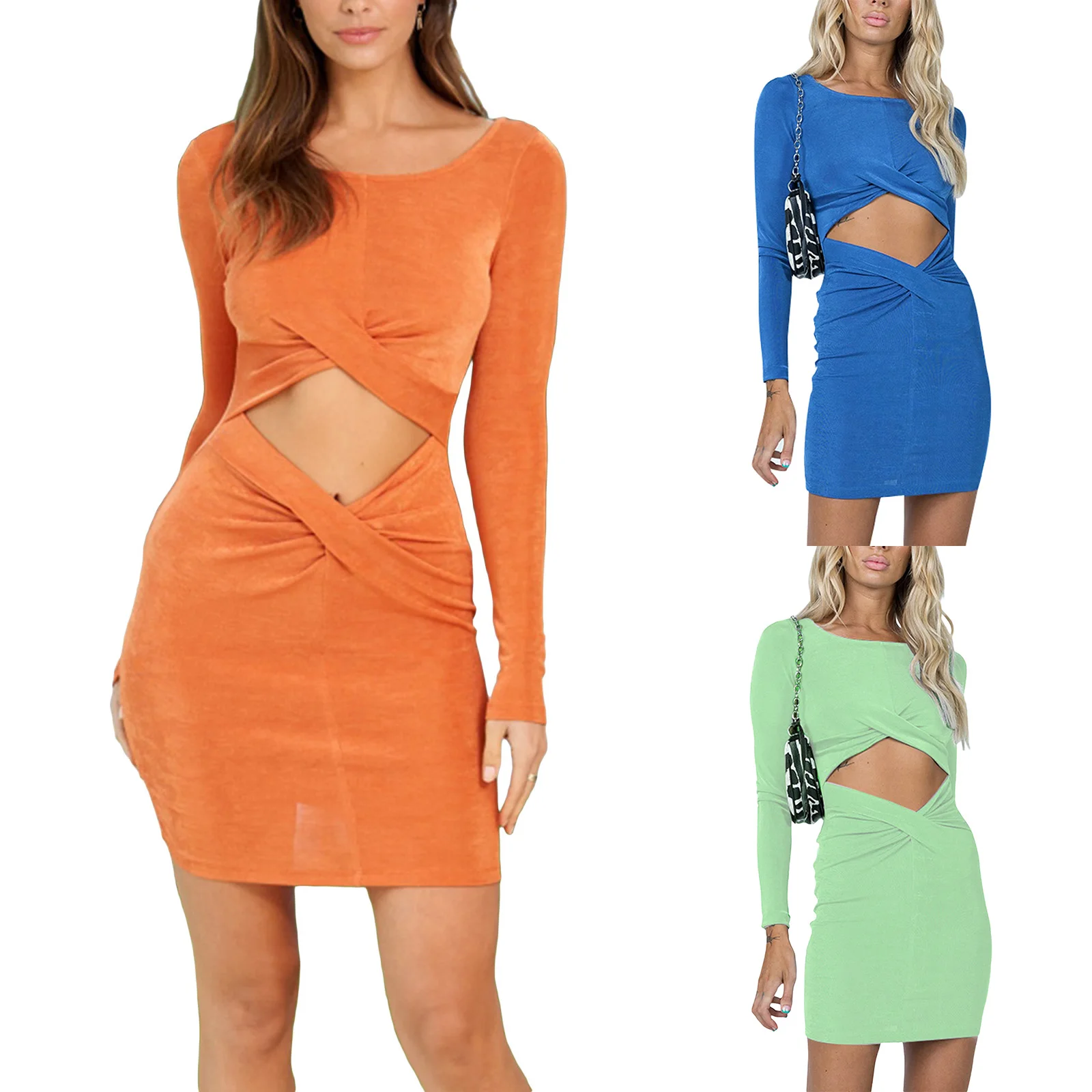 

Women's Cutout Bodycon Mini Dress, Long Sleeve Casual Solid Color Hollow out Cross Ruched Front Dresses New Fashion 2021