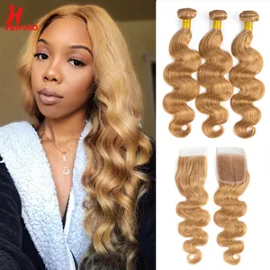 HairUGo Мёд светлые пряди с закрытием #27 человеческие малазийские вплетаемые волосы объемная волна 100% человеческие волосы пряди с закрытием пучки волос плетение