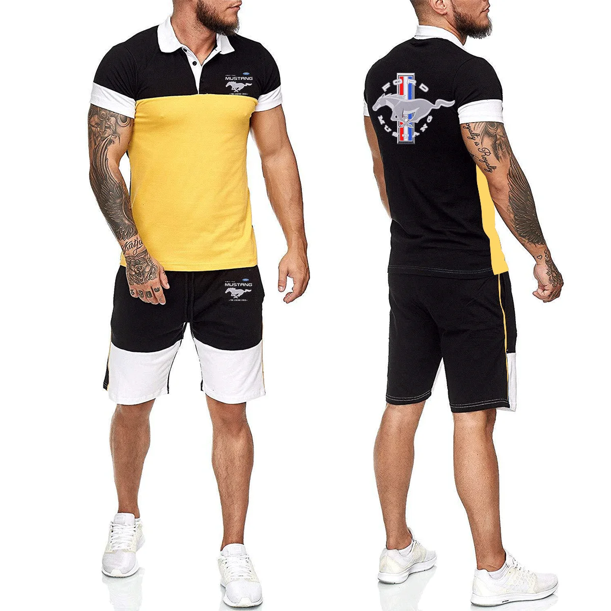 

2021 New Summer Men's Ford Mustang Patchwork Lapel Polo Shirt + Shorts 2 Pieces Sets Casual Sports Suit 4 Colors