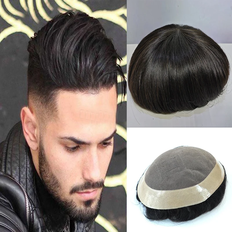 6*8 Men's Wig Mono PU Men Toupee Men's Hair Pieces Unit Hair Replacement System Black Color 7*9inch