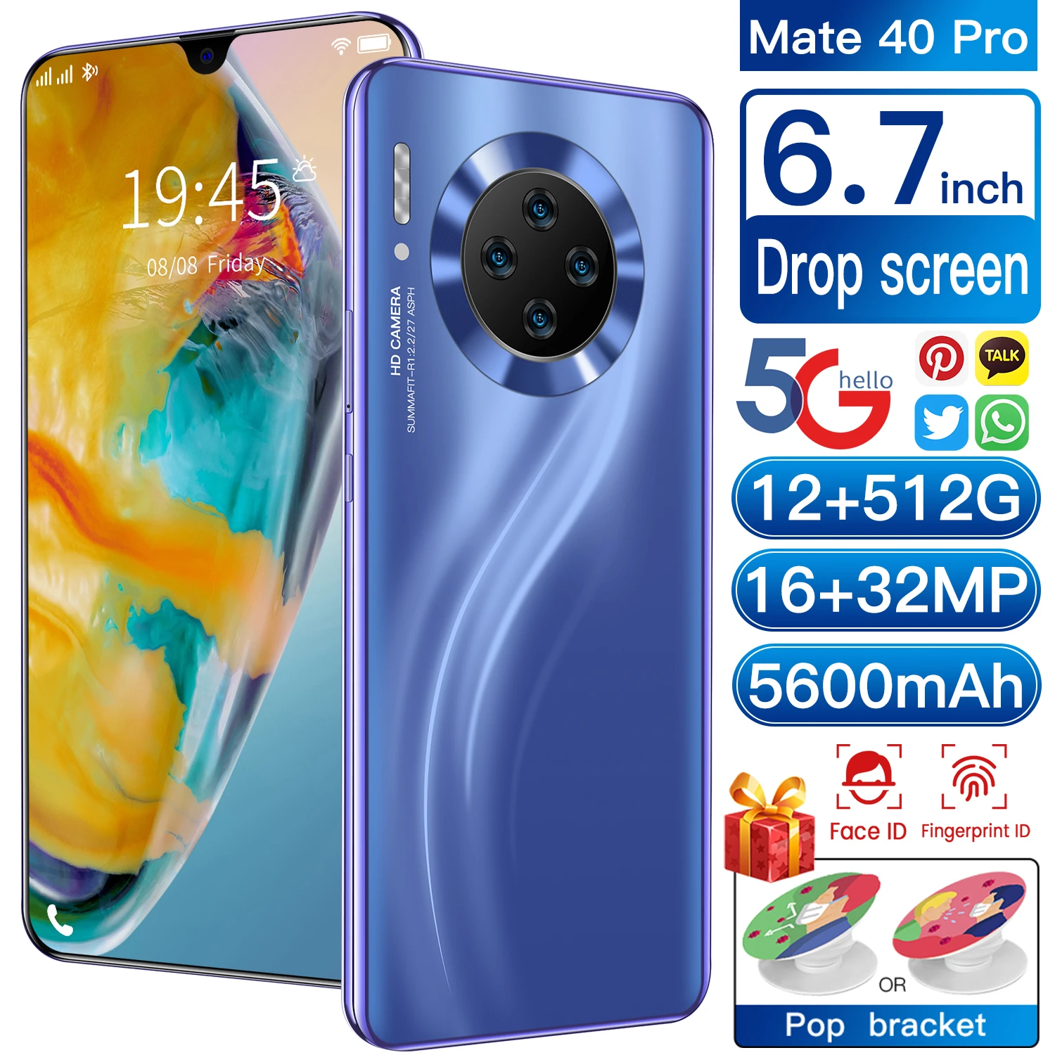 

Mate40 Pro 6.7 Inch 12GB RAM 256GB ROM Fingerprint Unlock Dual SIM 16+32MP Smartphones 5600mAh 5G LTE Bands Mobile Phone MTK6889