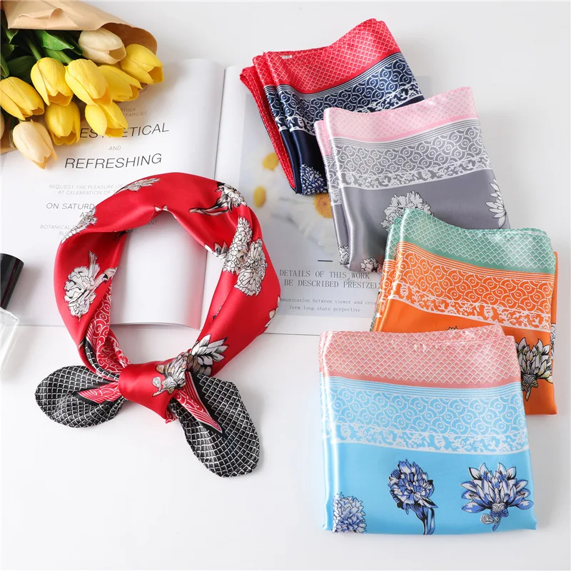 

Design Floral Print Neck Scarfs Ladies Small Silk Square Hair Scarf Bag Tie Head Band Women Satin Neckerchief Foulard Bandana