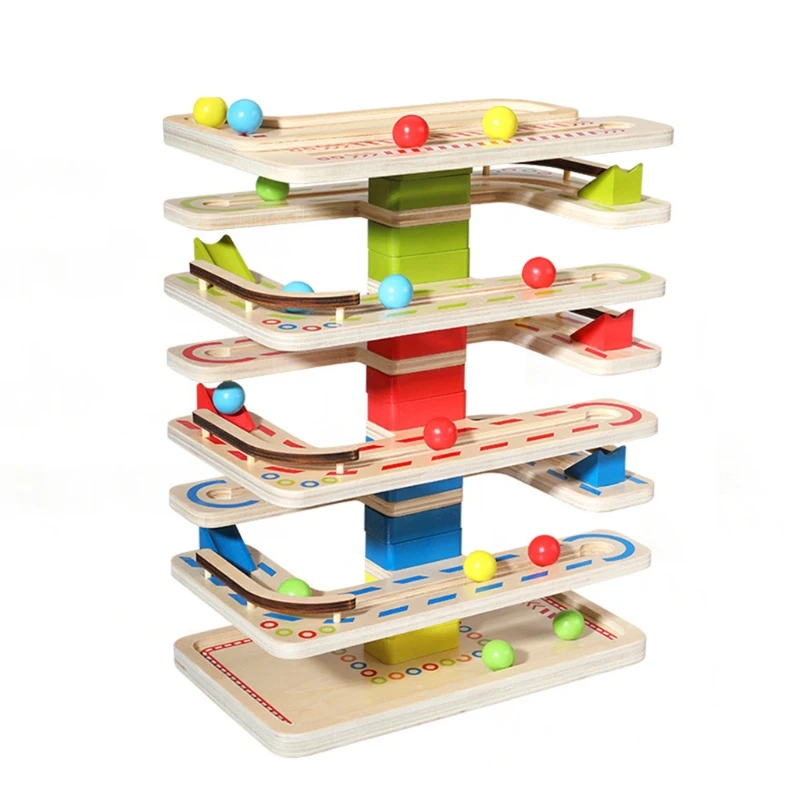 

Wooden Ball Ramp Race Track Sliding Toy 4 Layer Rolling Tower Parent-child Game for Preschool Toddler Kids