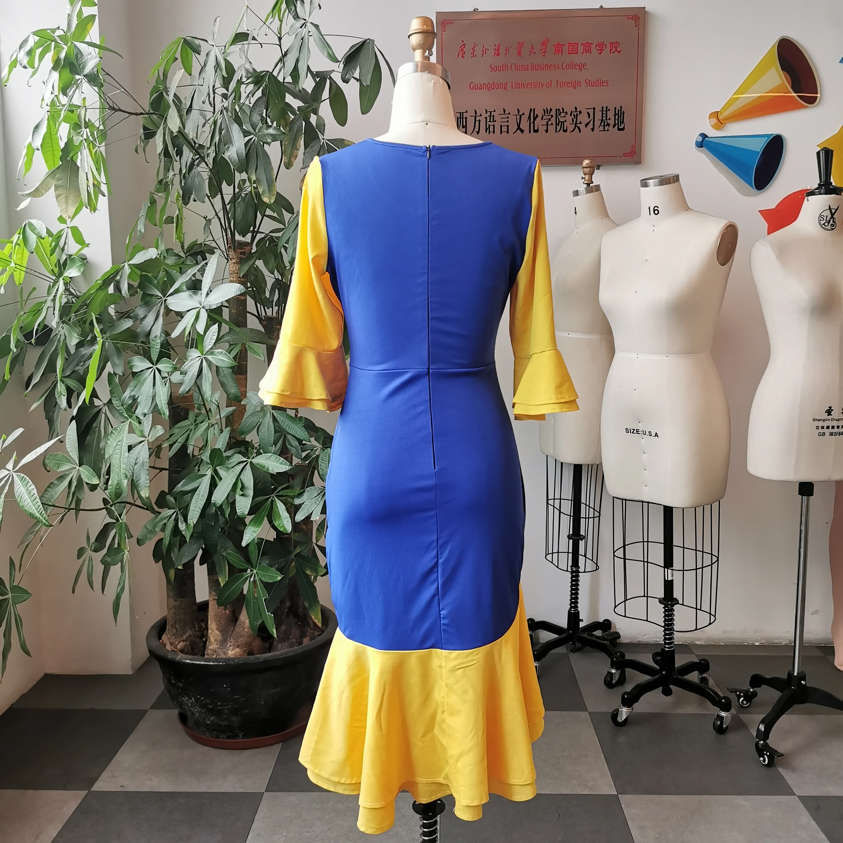 

Women bodycon dress yellow blue patchwork party dinner mermaid Dresses African Office Ladies Casual Vestidos Plus Summer trumpet