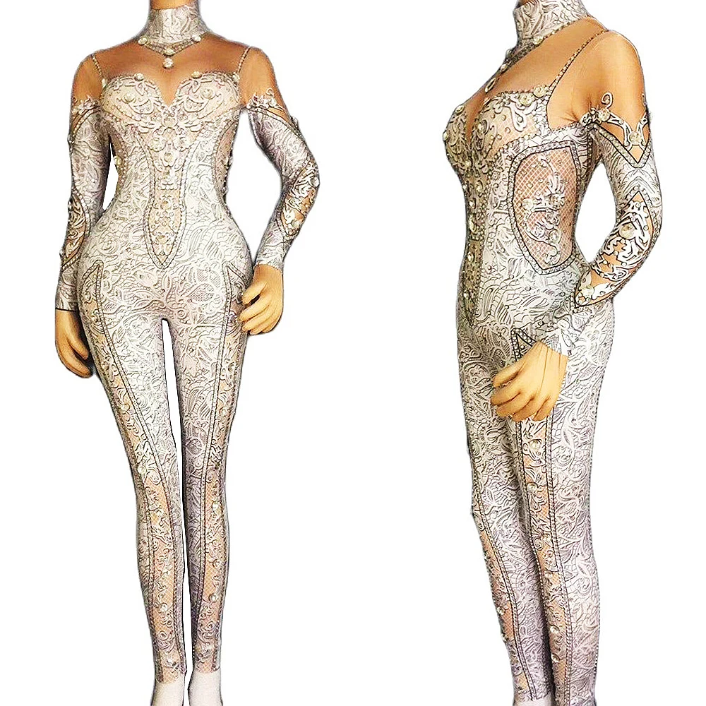 

Luxury Women Long Sleeve Jumpsuits Nightclub DJ Singer Dance Stage Wear White Pearls Shining Diamonds Evening Prom Costumes