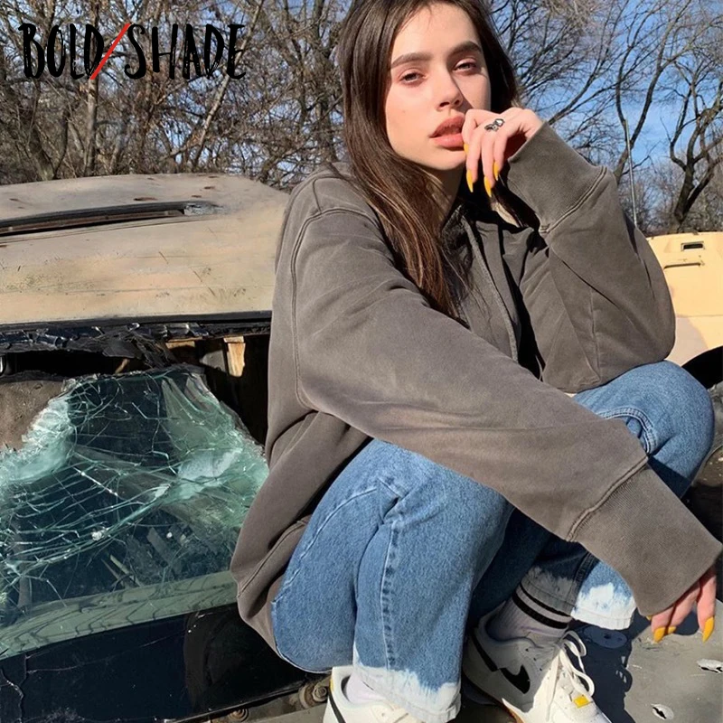

Bold Shade Streetwear 90s Fashion Solid Hoodies Long Sleeve Zip Up Indie Outfits Women Pockets Vintage Oversized Fall Sweatshirt