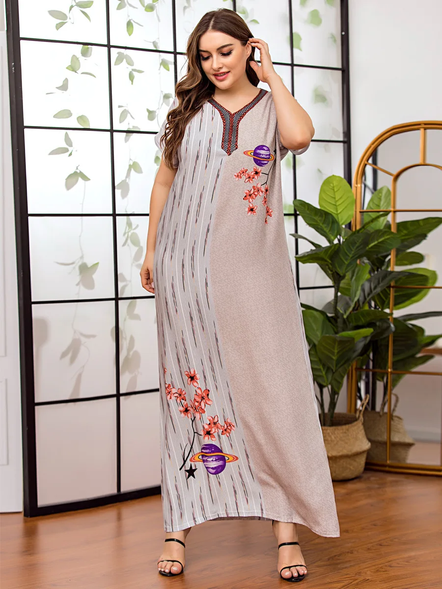 Женское платье с принтом Siskakia длинное большого размера V образным вырезом и