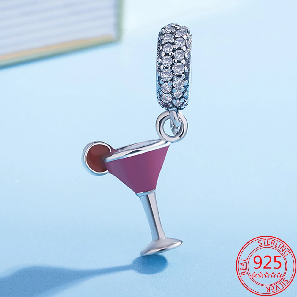 

S925 Sterling Silver Pink Enamel Cocktail Charm Fit Pandora Bracelets Christmas Gift