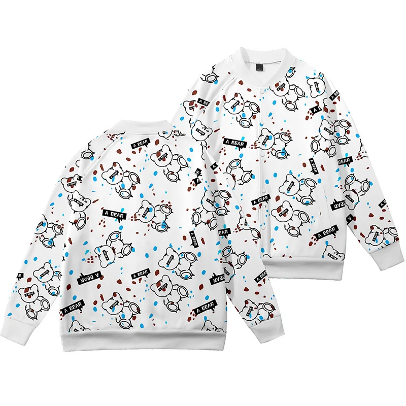 Новинка бейсбольная куртка черного и белого цвета с мультяшным медведем для