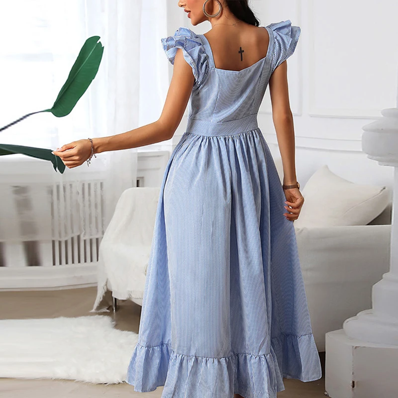 

Women Fashion Ruffles Short Sleeve Slim Maxi Dress Summer Square Collar Solid Color Dress Ladies Party Dress