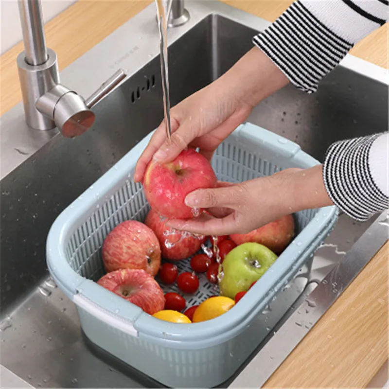 

Drain Basket Double Plastic Drain Storage Baskets Washing Colander Strainer Noodles Vegetable Fruit Drying Rack Kitchen Supplies
