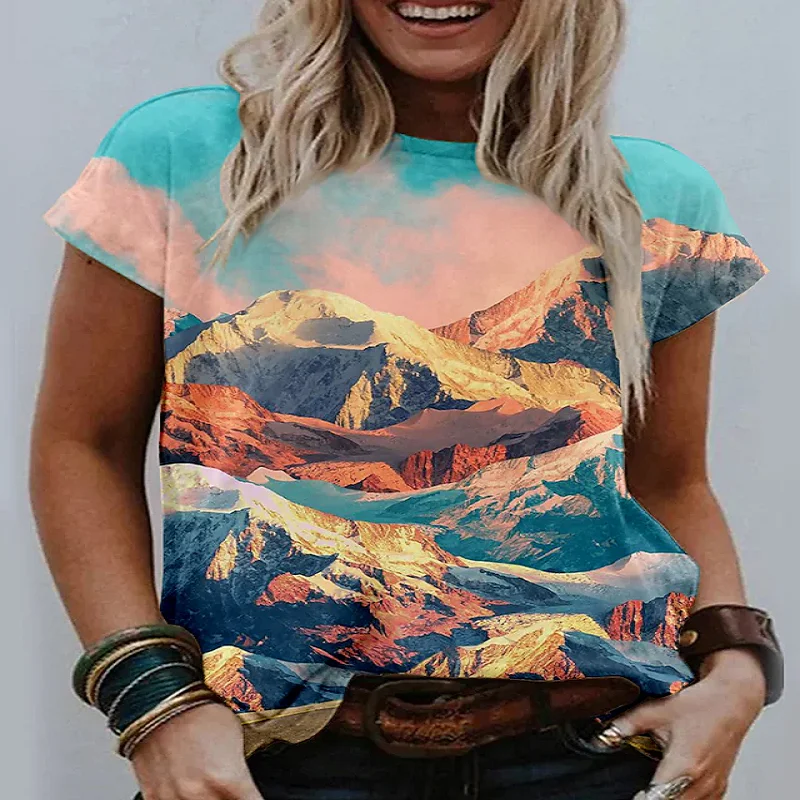 

New Women's T-shirt Tops Fashion Simple Landscape Style Short-sleeved Outdoor Streetwear Women's Fabric O-neck Tops