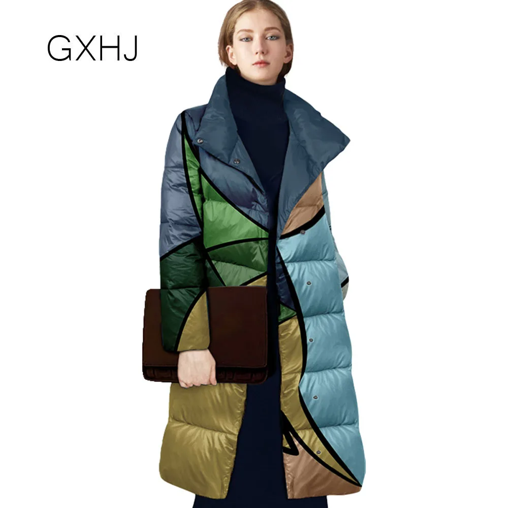 

GXHJ women Long vintage print down jacket White Duck Down Jacket Women Europe style Female Puffer Jacket Doudoune Femme LHj574