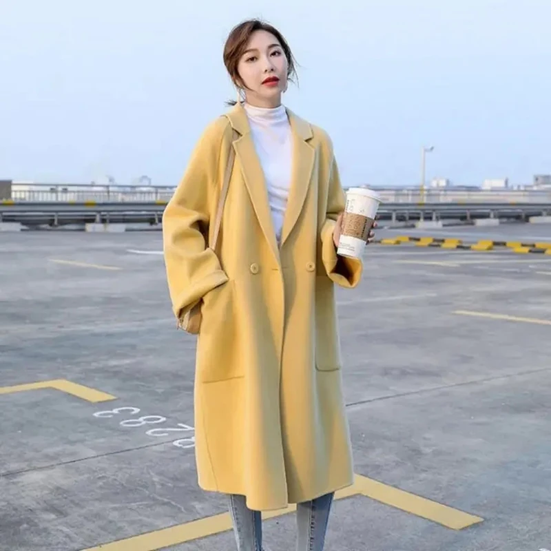 

Женское длинное шерстяное пальто, элегантное Свободное пальто на одной пуговице, однотонная верхняя одежда в Корейском стиле, весна