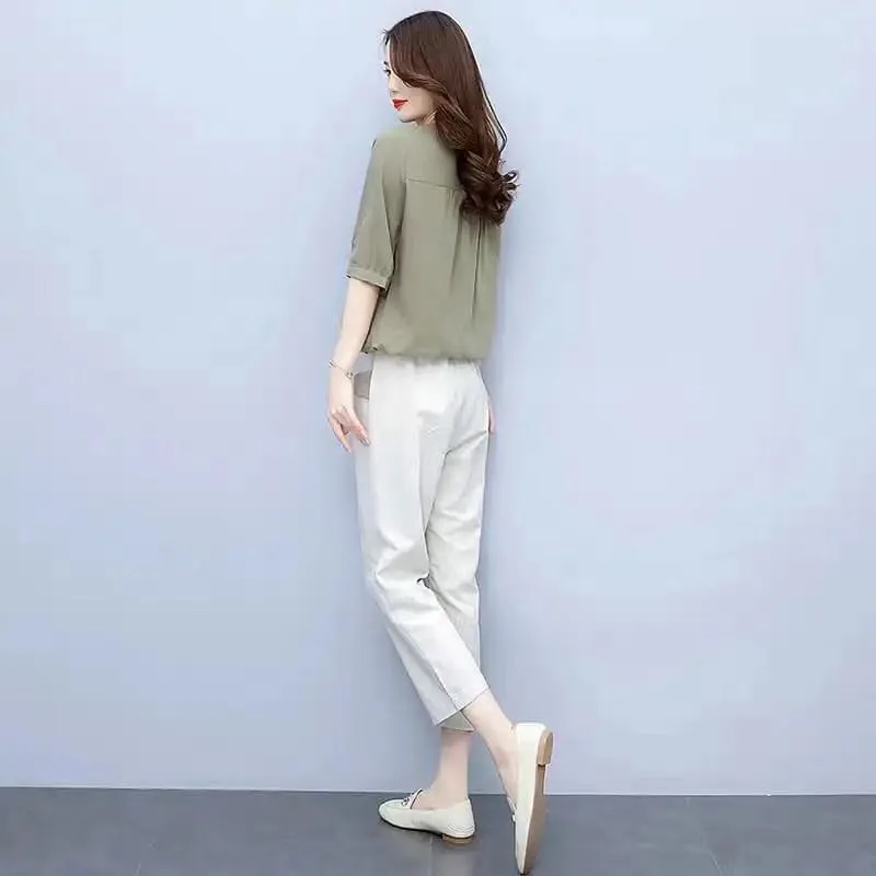One-Piece/Suit Cotton Linen Women 2022 New Women's Short-Sleeved Shirt Nine-Point Pants Two-Piece Female Top Set  L658