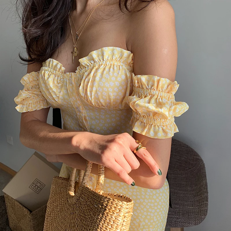 2020 летнее женское платье Бохо винтажное желтое цветочное мини Элегантное