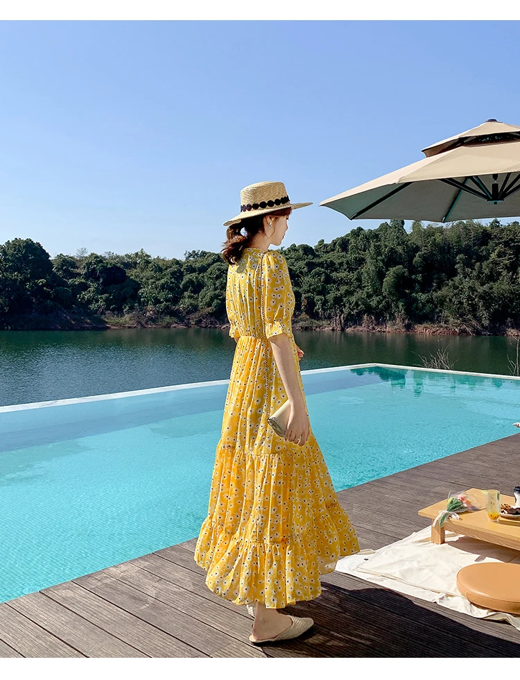 

Women's Dresses Chiffon Casual Dress New Korean Fashion Print A-LINE Lady Button V-Neck Knee-Length Short Sleeve Dresse Houthion