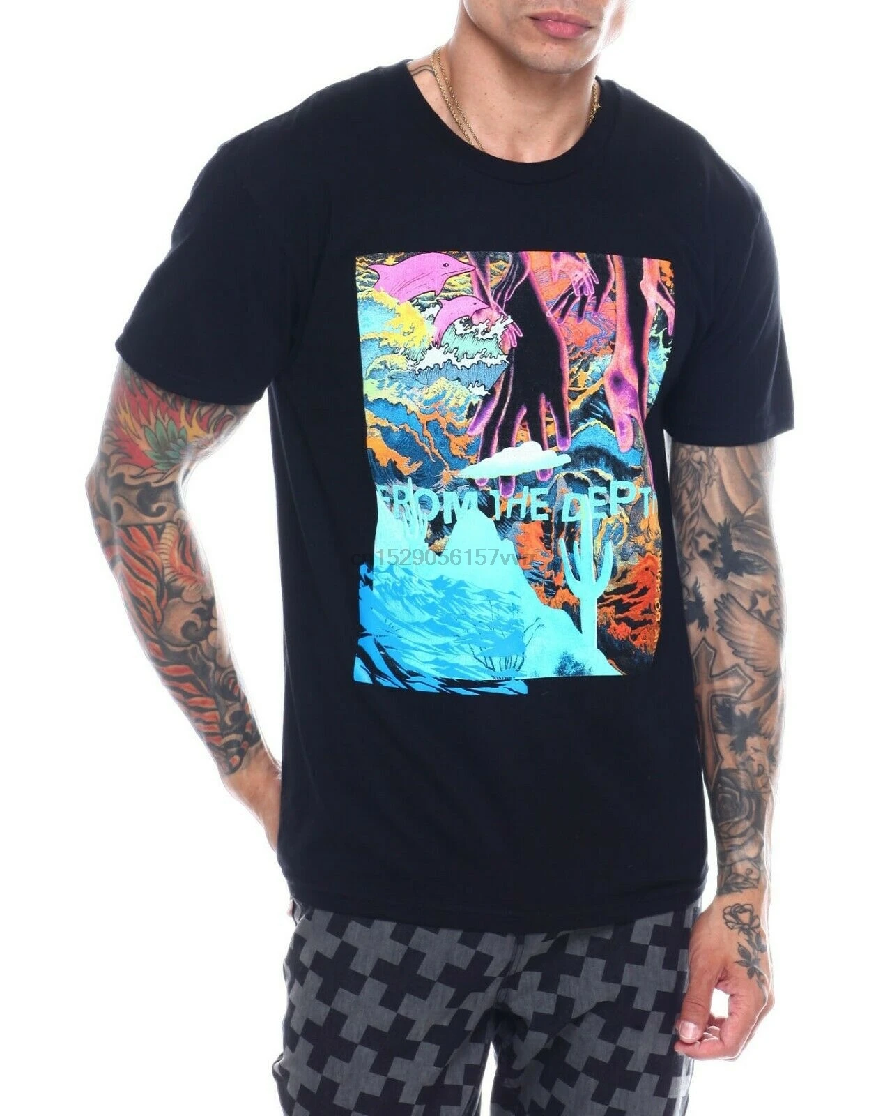 Розовая Мужская футболка с дельфином из глубины черная модная уличная одежда