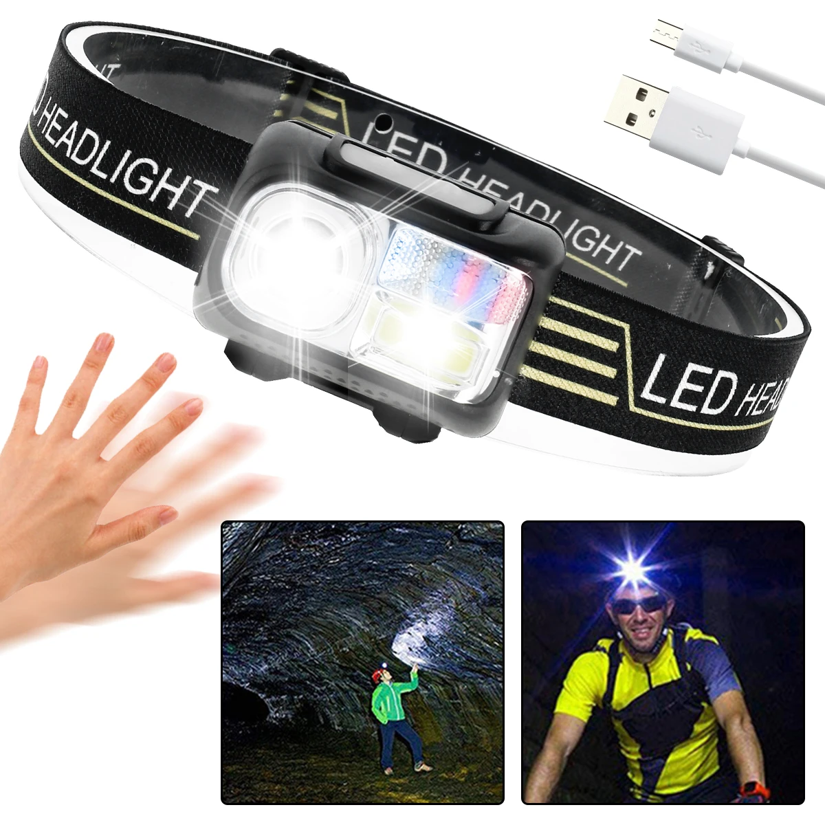 

USB Rechargeable LED Headlamp Gesture Sensing Head Torch IPX4 Waterproof Headlight with 1200mAh Battery Head Flashlight