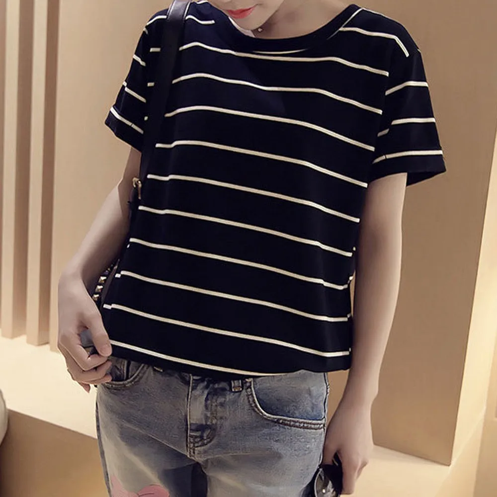 Женская хлопковая футболка в полоску с коротким рукавом|Футболки| |