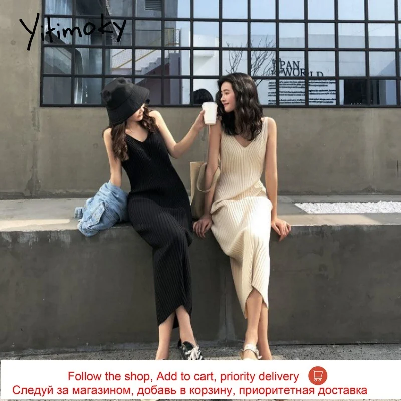 

Yitimoky Ribbed Knitted Dresses for Women Summer 2021 V-neck Black Party Casual Harajuku Slim Beige Pullovers Vintage Midi Dress