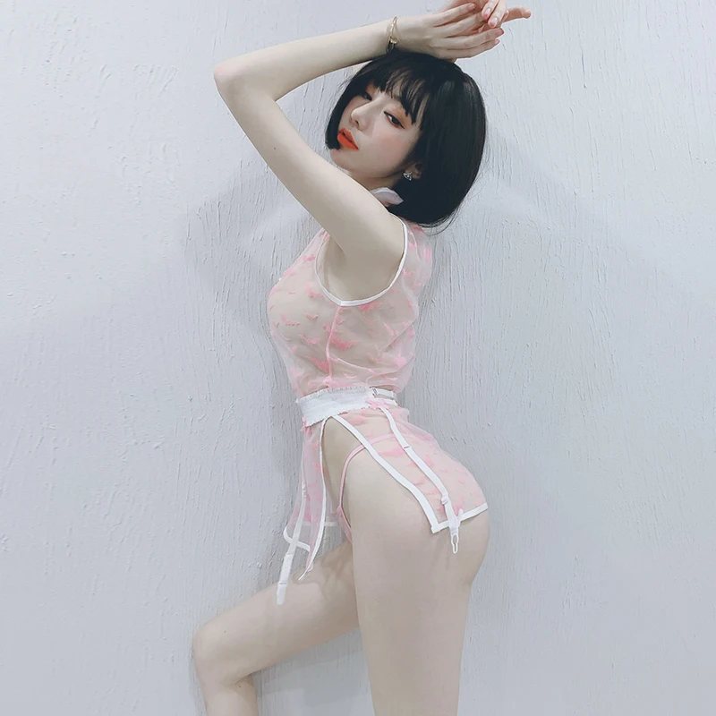 

Mesh See Through Cheongsam Temptation Short Skirt Retro Female Student Outfit Womens Cosplay Costumes Sexy Role Playing Lingerie