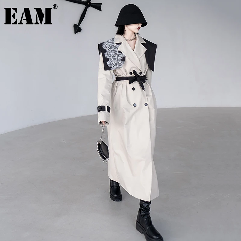 

[EAM] Women Black Lace Belted Big Size Trench New Lapel Long Sleeve Loose Fit Windbreaker Fashion Spring Autumn 2021 1DE3774