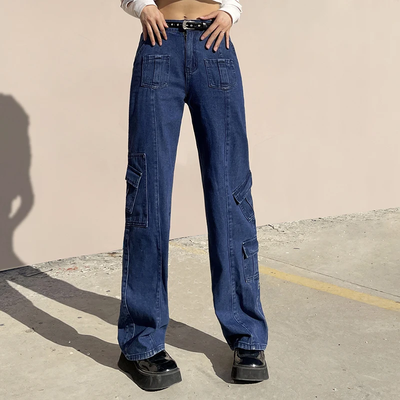 

Chic Pocket Cargo Pants Straight Baggy Jeans Mom Low Waist Denim Trousers Women Korean Fashion Casual Streetwear Capris