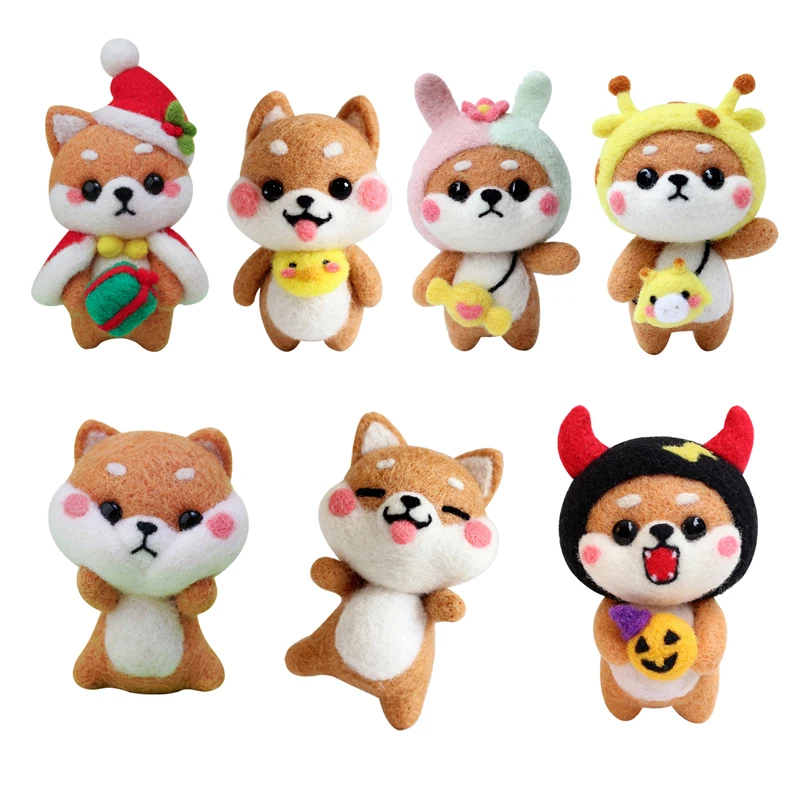 

LMDZ 1set Wool Felting Material Bag Shiba Inu Animal Doll Wool Felt Craft DIY Non Finished Poked Set Handcraft Kit for Kid Gift