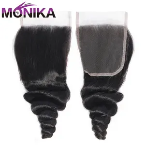 Monika 20-дневное закрытие, свободные волнистые волосы, человеческие волосы, волнистые зажимы, 4x4 3 части, кружевная застежка Swicc Non-Remy