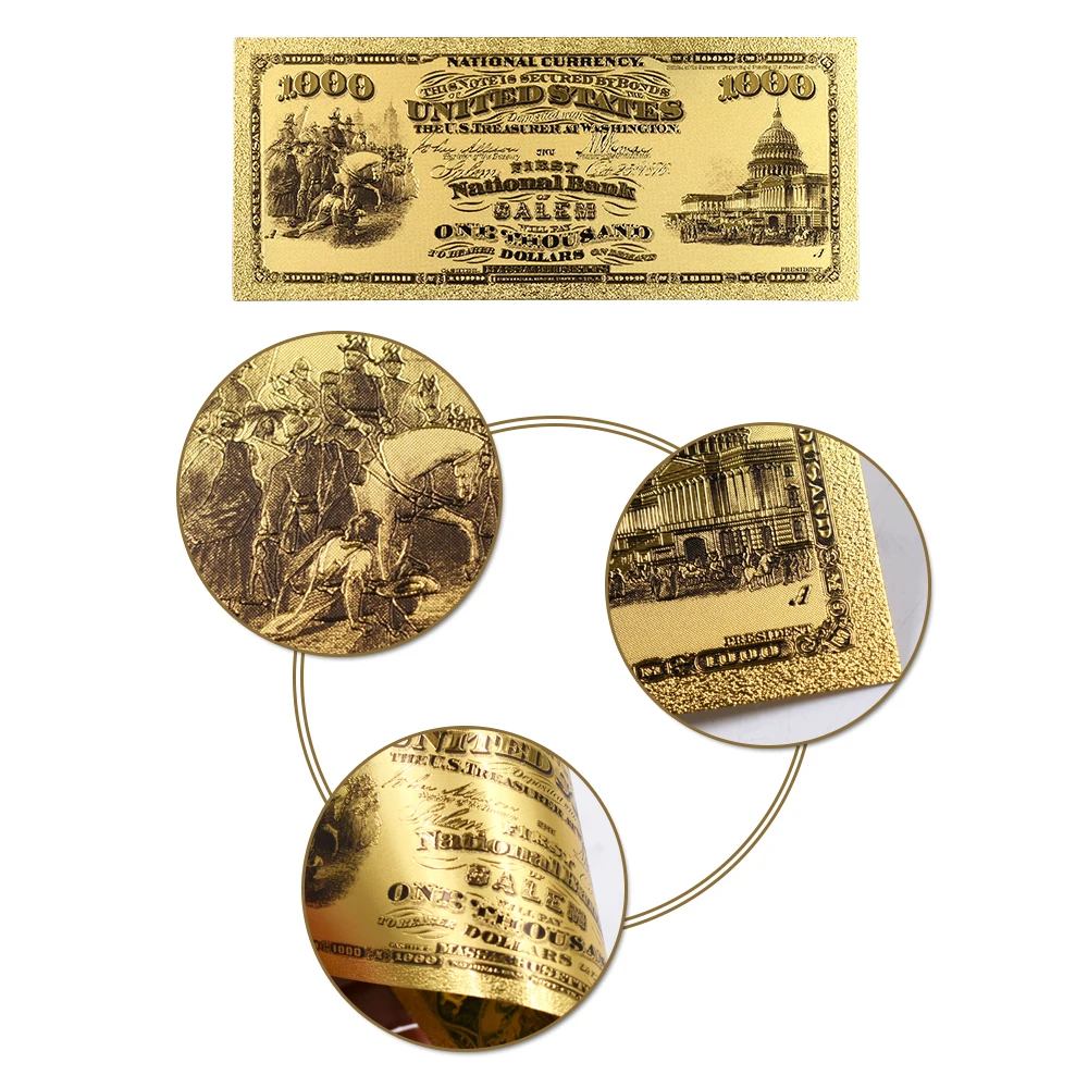 Чистое золото 1875 года Банкнота США деньги на заказ Золотая валюта $1000 долларов