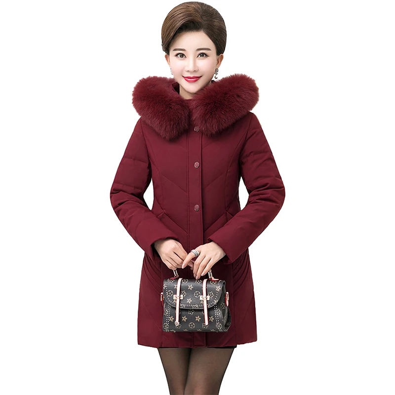 Oversize Winter Down Jacket Middle aged Women White duck down Coat Thicken Hooded Fur collar Outerwear Plus size XL-13XL G739 | Женская