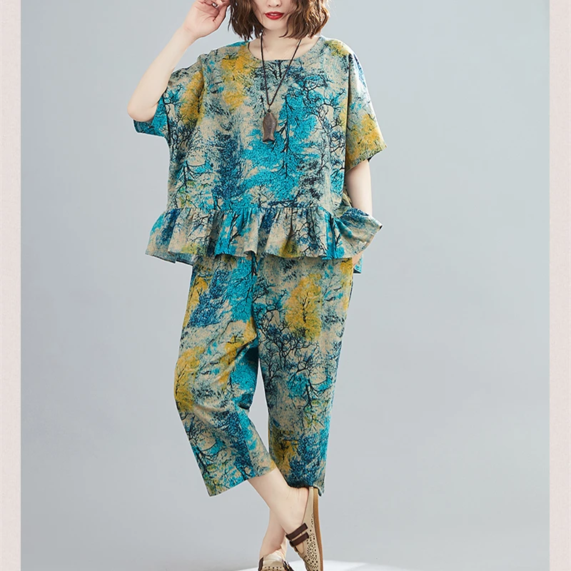 

2020 Fashion Western Style Plus Size Cotton And Linen Suit Women Summer Ruffled Tops Casual Linen Wide-Leg Pants Two-Piece Tide