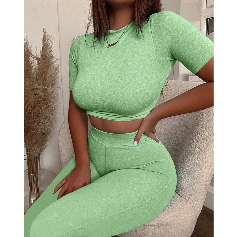

Casual Tracksuit Women Short Sleeve Crop Tops+Slim Leggings Set Summer Sports Skinny Fitness Outfits Female Bodycon Sets