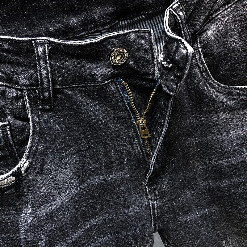 Обтягивающие джинсы мужские темно серые весенние и осенние эластичные Вышитые