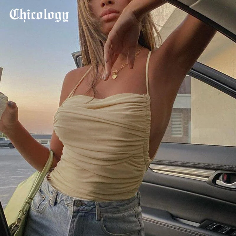 

Chicology 2021 Women Summer Mesh Sling Bodysuits Sleeveless Bodycon Fashion Elegant Straight Babysuits Clothes
