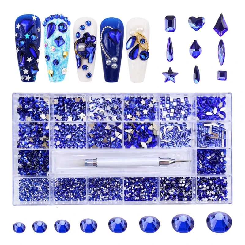 

21 Grids Glass Nail Art Decoration Kit Multi Shapes with Dual-ended Dotting Pen Set Nails Supplies Accessories Decor DIY
