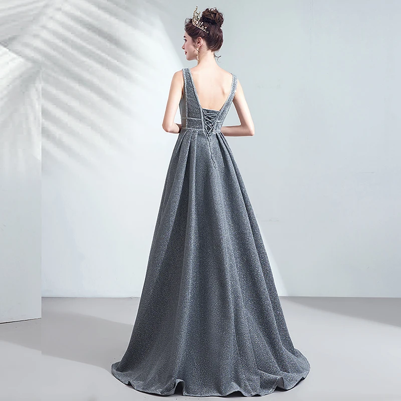 SSYFashion новая Банкетная элегантный серый вечернее платье пикантное с v образным
