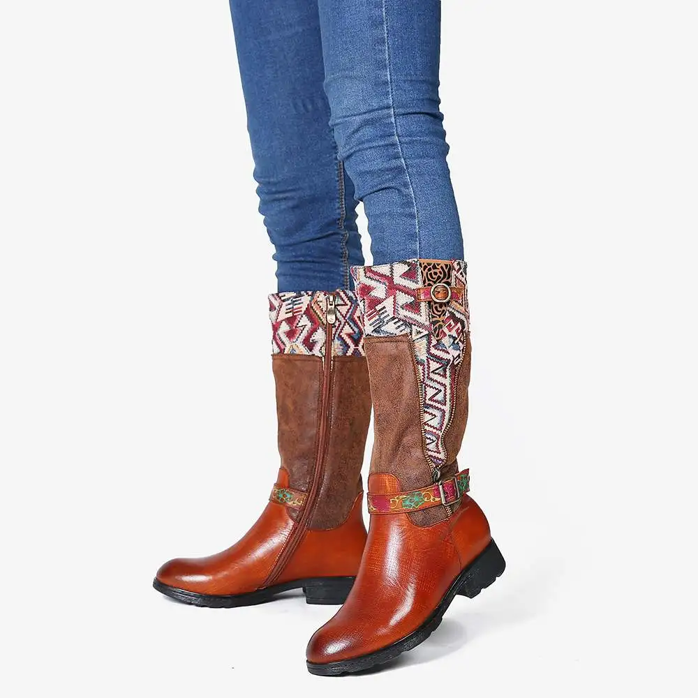 SOCOFY Botas mujer; ботинки из натуральной кожи с квадратным узором; ботинки до середины икры на мягкой плоской подошве; обувь на каблуке; женская зимняя обувь