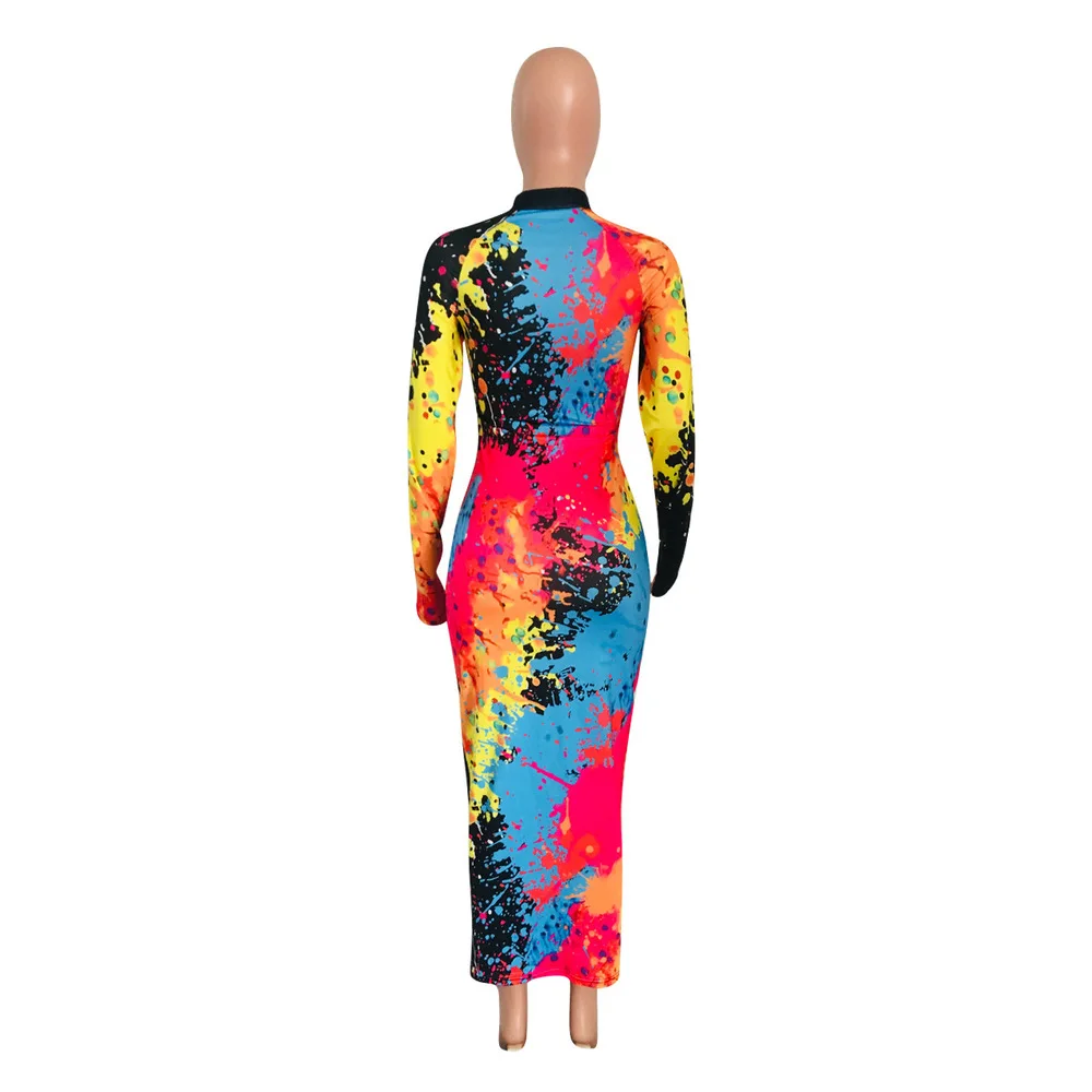 

Graffiti Print Skinny Bodycon Long Dress for Women Mock Neck Full Sleeve Slim Fit Dresses Elegant Party Club Plus Size Vestidos