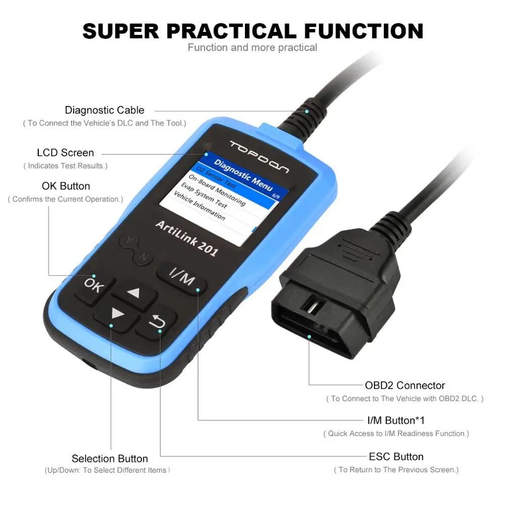 TOPDON arilsink 201 OBD2 автомобильный считыватель кодов полная функция OBD2 AL201 контрольный светильник двигателя(MIL) Live Data Freeze Frame Просмотр данных