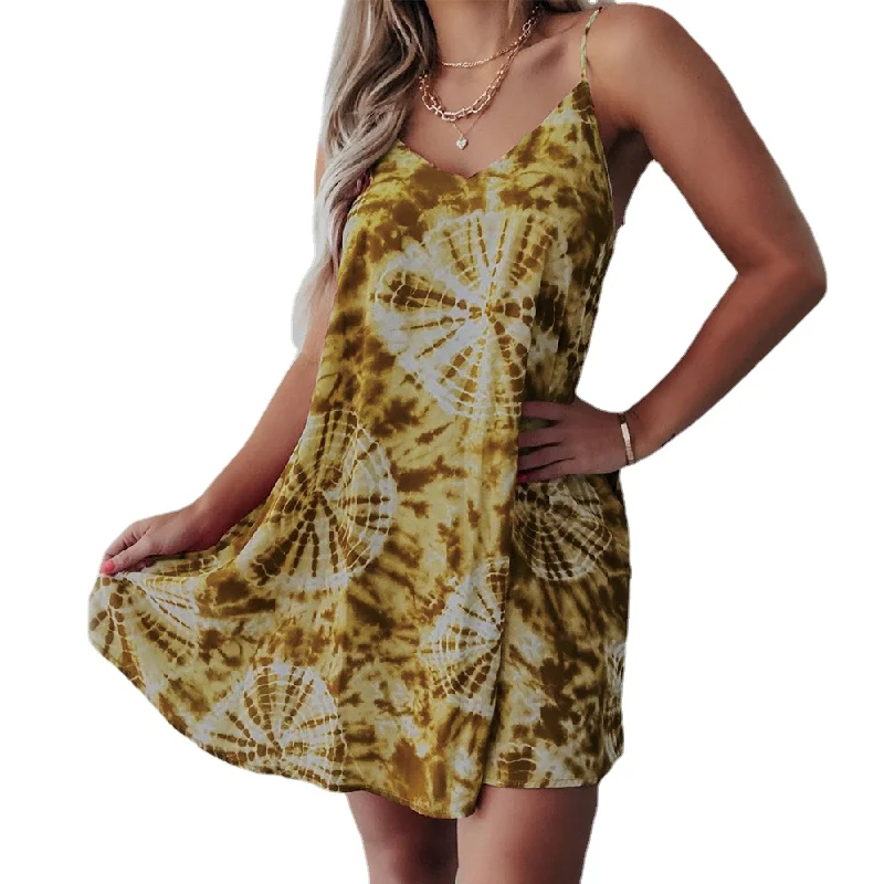 

2021 Fashion Floral Printing Mini Dresses for Women Summer V-Neck Off Shoulder Woman Dress Casual Spaghetti Women's Clothing
